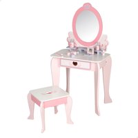 WOOMAX - Tocador de maquillaje para niñas con taburete madera y espejo plexiglás, 50x34x92 cm, colores pastel, tocadores infantiles, con accesorios interactivos, juguetes niños 3 años