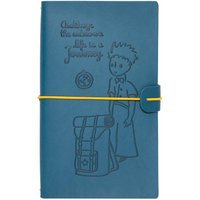 The Little Prince Travel Journal, soft polyurethane cover, includes 2 replaceable notebooks (80 sheets each, bullet and lined), elastic band, inner pocket, dimensions 12 x 19.5 cm, ideal for travelers