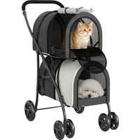 PawHut Carrito Doble para Perros Gatos Plegable con 2 Transportines Extraíbles con Cinturón y Cojines 66x50x98cm Gris Oscuro