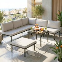 Outsunny Conjunto de Muebles Jardín Exterior de 6 Piezas Sofá Exterior Seccional Forma de L con Sofá de 2 Plazas Módulo de Esquina 2 Sillones Reposapiés Mesa con Tapa de Vidrio y Cojines Gris Claro
