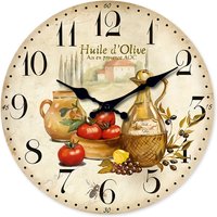 Reloj de Pared de Madera con Diseño Vintage de Aceite de Oliva y Tomate de Provenza, para Sala de Estar, Dormitorio, Cocina, Decoración del Hogar, Reloj de Cuarzo Silencioso, Regalo Festivo, 10