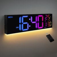 Reloj de pared digital grande de 16", pantalla LED grande con control remoto, 8 colores RGB, alarma, DST, temperatura para sala de estar, cocina