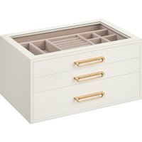 SONGMICS Caja de Joyas, Organizador de Joyería de 3 Niveles, con Ventana de Vidrio, 3 Cajones, Gran Capacidad, Tiradores Dorados, Idea de Regalo, 16 x 24 x 12,5 cm, Blanco Crema