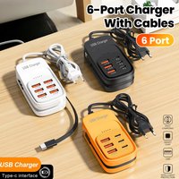 Cargador de 6 puertos, adaptador de carga rápida USB + tipo C PD de 1m con cable tipo C para teléfonos móviles iPhone, Xiaomi, Samsung, Huawei, POCO