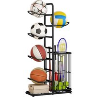 Estante de Almacenamiento Vertical con Cesta, Soporte Metálico Resistente para Balones de Baloncesto, Fútbol, Voleibol y Rugby, Organizador que Ahorra Espacio para Garaje, Dormitorio y Gimnasio
