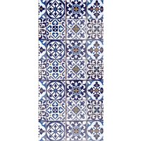 Alfombra vinílica pasillera antideslizante con diseño hidráulico tipo mosaico mediterráneo, en color azul o negro, con base de goma, resistente y fácil de limpiar, ideal para cocina, pasillo o entrada