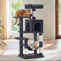 FEANDREA Árbol para Gatos de 112 cm, 4 Postes Rascadores, 2 Pompones, 1 Hamaca, 2 Plataformas, 1 Cueva