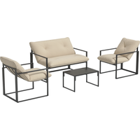Outsunny Juego de Muebles de Jardín de 4 Piezas para 4 Personas con Sofá de 2 Plazas, 2 Sillones y 1 Mesa Baja, 3 Cojines, Muebles de Jardín para Terraza, Acero Negro, Poliéster Beige
