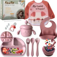 Vajilla silicona bebé antideslizante | Guía Digital 70 recetas BLW | Babero con mangas, platos silicona con ventosa, cuenco, vaso, cubiertos y chupete fruta, Rosa