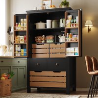 Mueble de Cocina Alto Multifuncional de 80x40x140cm, Color Negro y Blanco, con 2 Puertas y 5 Cajones, Aparador Independiente, Alacena de Gran Capacidad para Cocina, Comedor y Sala de Estar