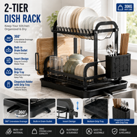 Escurridor de Platos de 2 Niveles con Bandeja de Drenaje, Organizador de Encimera de Cocina Resistente de 30 kg, Escurridor de Platos Extensible con Portacubiertos y Soporte para Tabla de Cortar