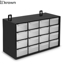 Caja Organizadora de Tornillos, Clasificador Apilable con 16 Cajones, Negro, Gris, Azul, Rojo, 17 x 27 x 12 cm. Módulo, Estante Organizador de Plástico para Piezas Pequeñas, Tuercas, Clavos,