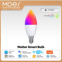 Bombilla Inteligente WiFi MOES Tuya Matter, LED Regulable, 16 Millones de Colores RGB, E14, Tipo Vela, Control por Voz, Compatible con Alexa y Google Home
