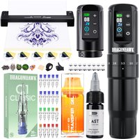 Kit de Máquina de Tatuar Dragonhawk Atom2 Pro, Pluma Rotativa de 7 Ajustes (2.4-4.2mm) con Cartuchos de Agujas para Impresora de Tatuajes, para Principiantes