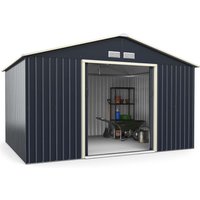 Cobertizo para herramientas de metal 340 x 255 x 210 cm, cobertizo para herramientas con cerradura con 4 rejillas de ventilación y puerta corredera, cobertizo de jardín para bicicletas cortacésped