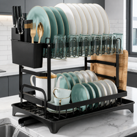 Escurridor de Platos de 2 Niveles 42 x 31 x 30 cm, Organizador de Cocina con Drenaje, Estante de Acero para Vajilla con Porta Cubiertos y Porta Tablas, Ahorro de Espacio