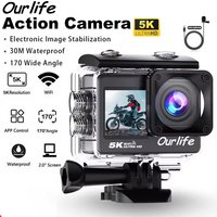 Cámara de acción Ourlife 5K 4K60FPS Pantalla táctil de 2,0 pulgadas WiFi 170 °   Cámaras deportivas de motocicletas de bicicleta impermeables de gran angular 30M